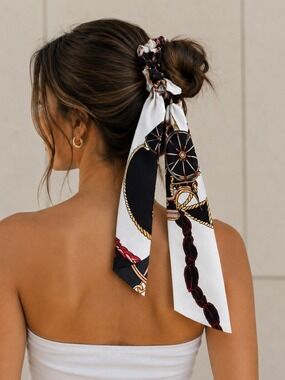 Ponytail Holder Hair Accessory Black White Gold Chain Print